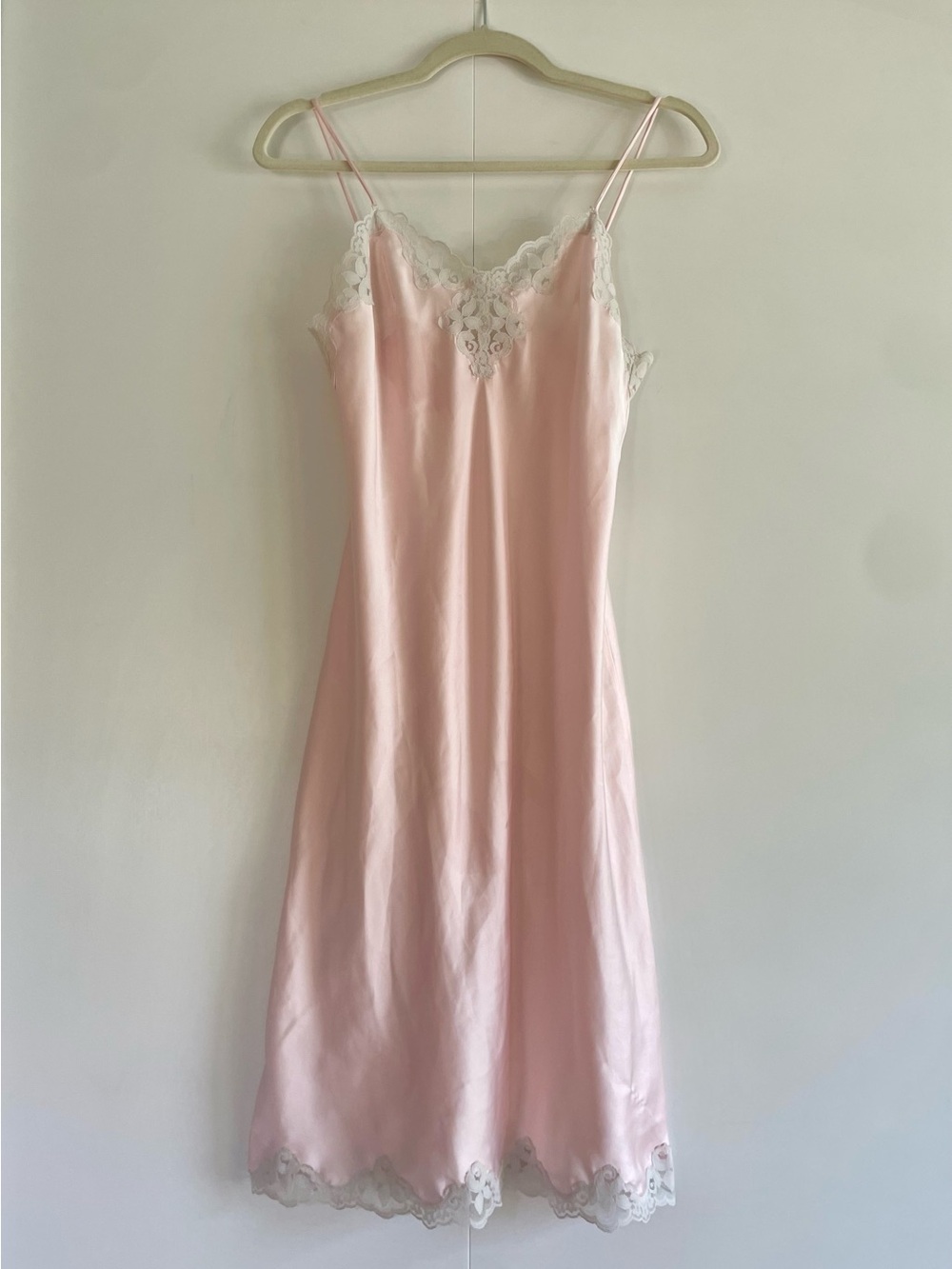 Soft Pink Satin Lace-Trim Slip Dress by French Maid